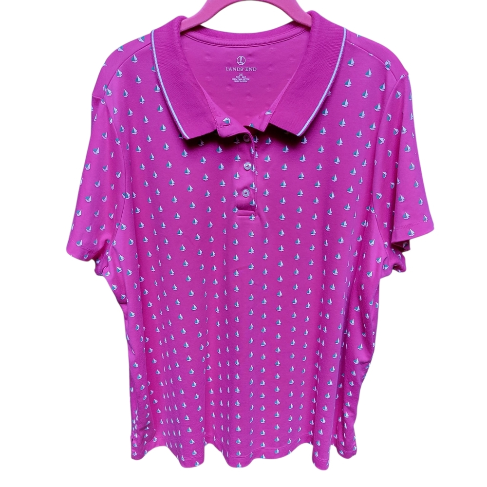 Lands' End Women's Polo in Vibrant Pink with Sailboat Design 3X